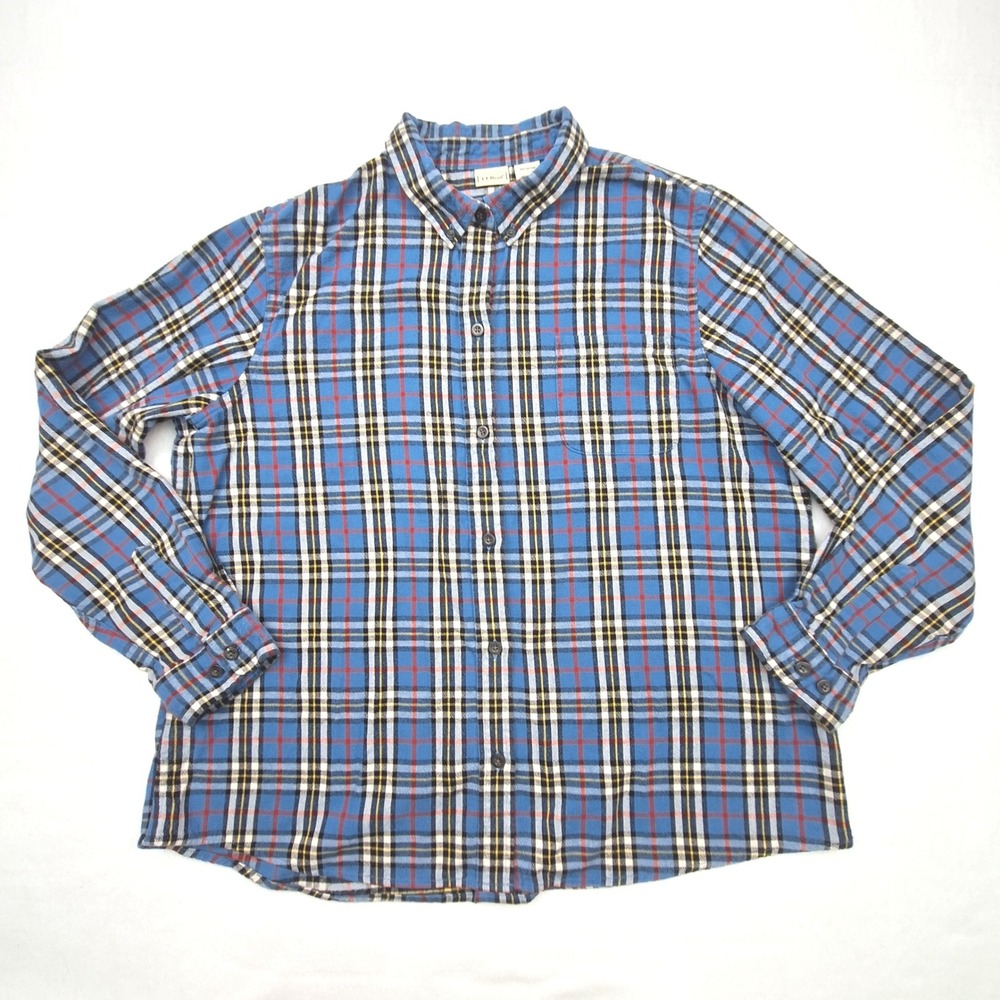 LL Bean Flannel Shirt Womens XL Blue Plaid Cotton Button Down Long Sleeve